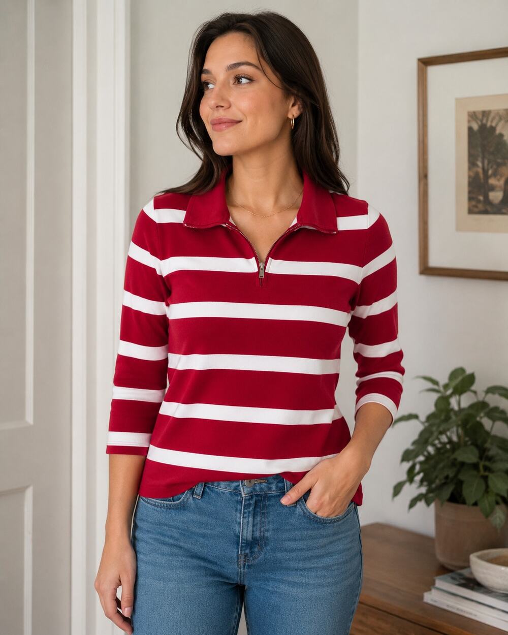 Lauren Ralph Lauren Womens M Red White Striped 1/4 Zip Pullover Preppy
